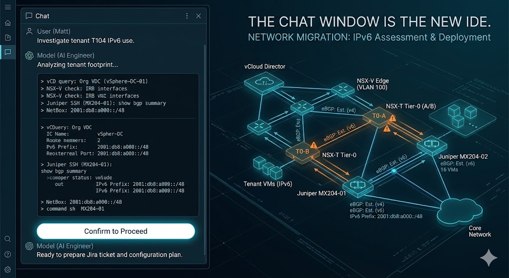 A chat window on the left showing a user prompt to investigate tenant T104 IPv6 use and the AI agent analyzing tenant footprint, alongside a network topology diagram on the right showing vCloud Director, NSX-V Edge, NSX-T Tier-0, two Juniper MX204s and tenant VMs, with the title &ldquo;The chat window is the new IDE — Network migration: IPv6 assessment & deployment&rdquo;